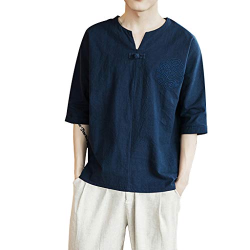 Linen Shirts for Men Short Sleeve Big and Tall Vintage Baggy Cotton Linen Solid Retro T Shirts Tops Blouse Navy
