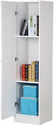 Wood Storage Office Cabinet 1 Door 3 Tier Narrow Cupboard Wardrobe Adjustable Shelves Tall Locker White Bedroom Furniture Bathroom Office Room, White