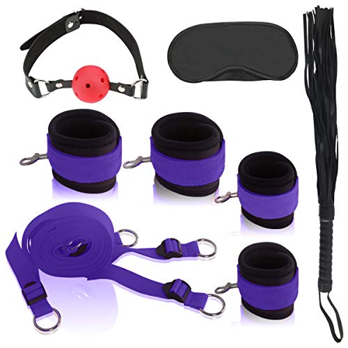 Sexy Slave Extreme 11-Piece Restraints Kit Under Bed Bondage Ankle Wrist Cuff Restraint Set with Blindfold Ball Gag Whip Value Pack (Purple ）