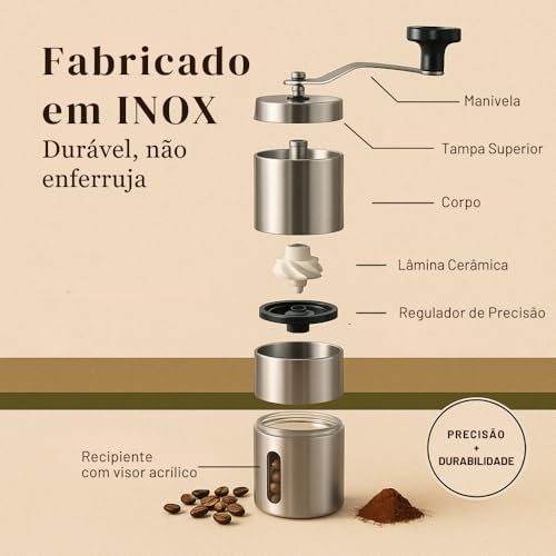 Moedor de Café Manual em Aço Inoxidável Portátil | Ajustável, Moagem Fina e Grossa