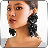 Black Satin Flower Drop Earrings - Large Long Tassel Statement Earrings for Women - Bohemian Romantic Party Wedding Jewelry