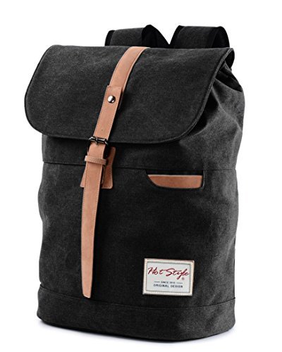 902s Minimalist Canvas College Backpack Travel Rucksack | Fits 15.6-inch Laptop | Black