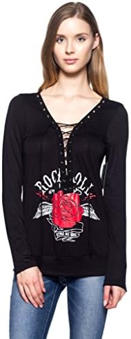 NELLA FANTASIA Womens Long Sleeve Lace Up Rose Graphic Shirt