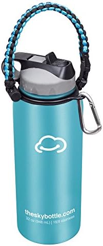 Stainless Steel Vacuum Insulated Water Bottle with Straw Lid and FREE paracord handle with metal carabiner - Keeps Hot &amp; Cold Beverages for Hours - Thermos Double Walled - 32 oz.(1 Liter) - Sky Blue