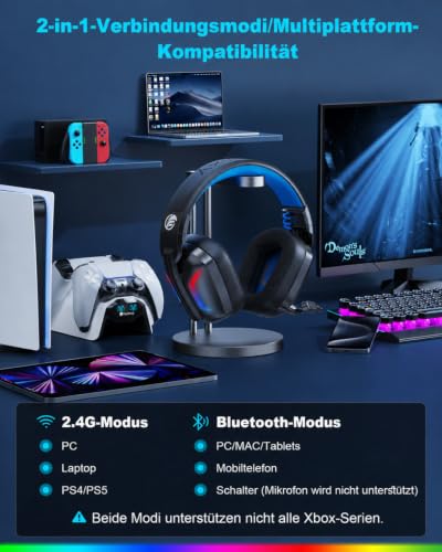 Fachixy Wireless Gaming Headset with Microphone for PS5, PS4, PC, Switch, Mac and Laptop, 2.4GHz Low Latency USB & Bluetooth, Foldable with LED Light, Surround Sound and 80 Hours Battery Life