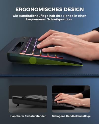 seenda JPX006 Wireless Illuminated Keyboard Mouse Set with USB-A & USB-C Port, Rechargeable, Ergonomic with Mobile Phone Holder & Wrist Rest, Quiet Keys for PC & Mac - QWERTZ Layout