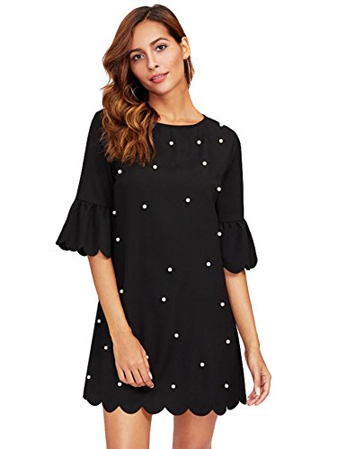 MakeMeChic Women's Pearl Scallop Ruffle Bell Sleeve Tunic Shift Dress Black L