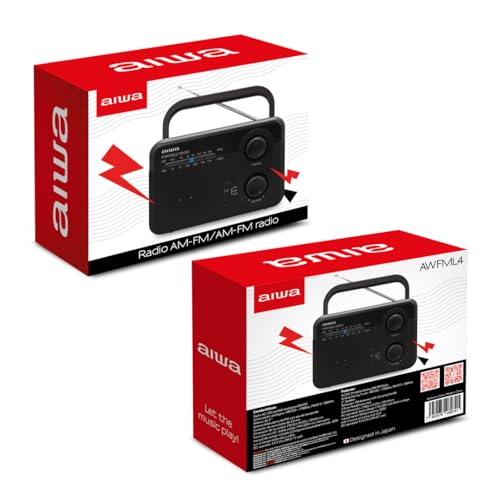 Aiwa Radio Analógico Portátil AWFML4 Am 520-1710 kHz FM 87.5-105 MHz Altavoz 3″ AUX, Bateria Recargable, Antena, Entrada de Auriculares 3.5 mm Color Negro