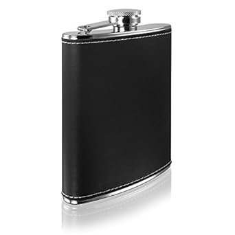 MENZY Men's Stitched Leather Stainless Steel Hip Flask (7 Oz, Black)