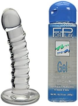 New Spartacus Blown Basic Curved with Twist 6 inch Harness Ready Glass Dong Clear with Free Long Lasting Water-based Personal Lubricant Forplay Gel 10.75 Oz