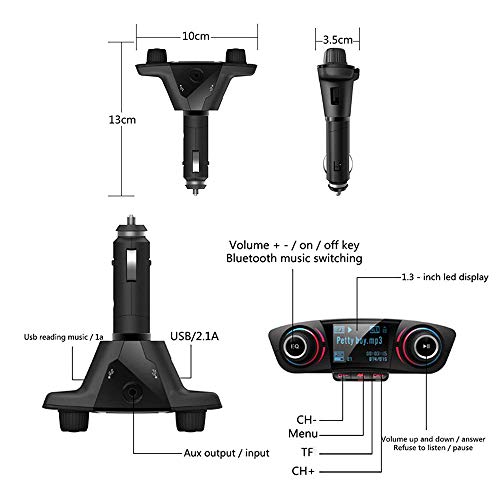 Bluetooth FM Transmitter Virwir Car MP3 Player Wireless Radio Audio Adapter/Bluetooth 4.0/Dual USB 2.1A USB Port/Hands-Free/AUX Input&Output/Voice Navigation/Suport U Disk&TF-Card/Folder Playback - Thumbnail 3