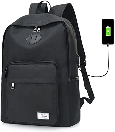 Casual College Backpack Canvas Computer Daypack with Usb Charging Port Fit upto 15inches Laptop and Tablets Notebooks (Black)