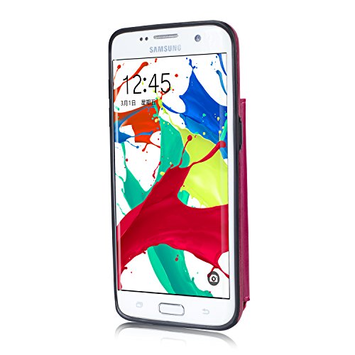 For Samsung Galaxy S7 Pocket Case, Aearl TPU Bumper Shell Back Magnetic Button Closure Vintage PU Leather Cover Zipper Wallet Purse Card Holder Slot Kickstand Case for Samsung Galaxy S7 - Rose Red - Thumbnail 2