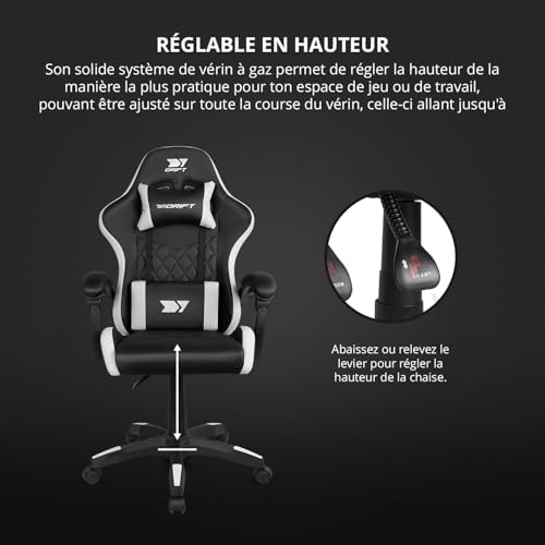 DR35 - Chaise Professionnelle, Similicuir, Accoudoirs rembourrés, Piston Classe 3, Base en Nylon renforcé, Siège inclinable, Hauteur réglable, Coussin Lombaire/Cervical, Noir/Blanc