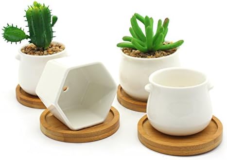 YYKIT 4 Pack Planter Pots Indoor,1.97 Inch Mini White Ceramic Succulent Cactus Flower Plant Pot with Bamboo Tray for Home Garden Kitchen Office Desk Decor