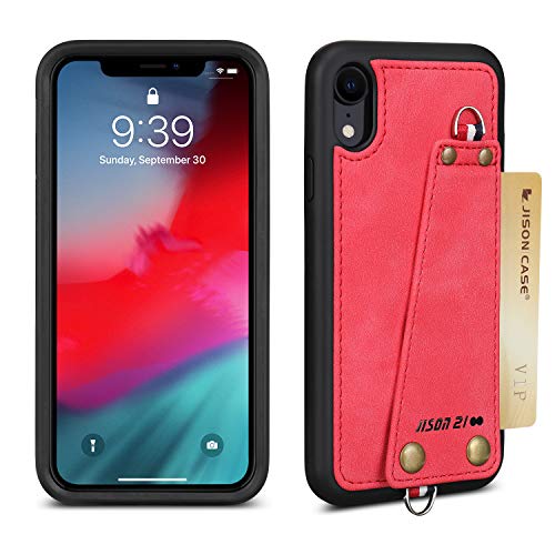 JISON21 iPhone XR case with Lanyard,iPhone XR Case Crossbody Chain with Credit Card Holder Slot Adjustable Detachable Strap Leather Case for Apple iPhone XR 6.1 inch 2018 … (Red)
