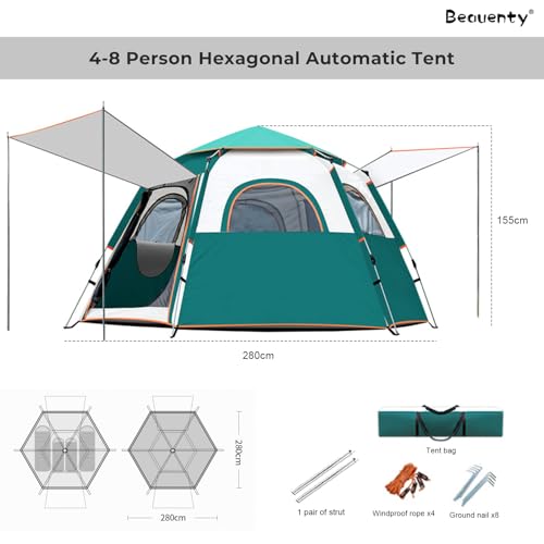 Beauenty 5-8 Person Camping Tent, 280 * 280CM Large Automatic Pop Up Outdoor Tent, Instant Camp Tent with 2 Doors and 4 Windows, Waterproof Windproof Tent for Camping Hiking Travel Beach