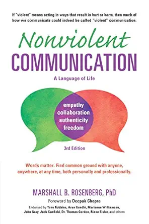 Cover of Nonviolent Communication, by Marshall Rosenberg: a pair of overlapping word bubbles. One green, one red, purple where they overlap. Subtext: A language of life. Words matter. Find common ground with anyone, anywhere, at any time, both personally and professionally.