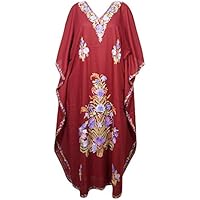 Mogul Interior Womens Caftan Maxi Dress Maroon Embroidered Resort Kaftan One Size