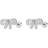 20g CZ Bow Flat Screw Back Small Stud Earrings for Women Titanium Steel Silver Plated Cute Sparkling Crystal Ribbon Cartilage Tragus Helix Tiny Piercing Studs Hypoallergenic Fashion Jewelry
