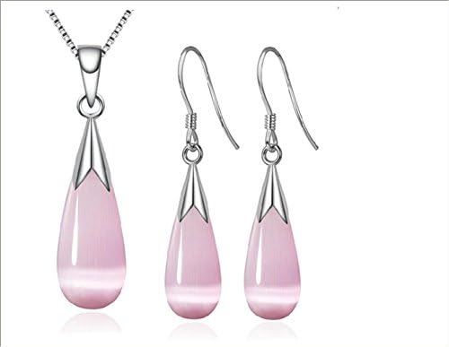 Fashion Cat's Eye Opal Teardrop Pendant Necklace and Earrings Set Moonstone Dangle Jewellry Set (Pink)