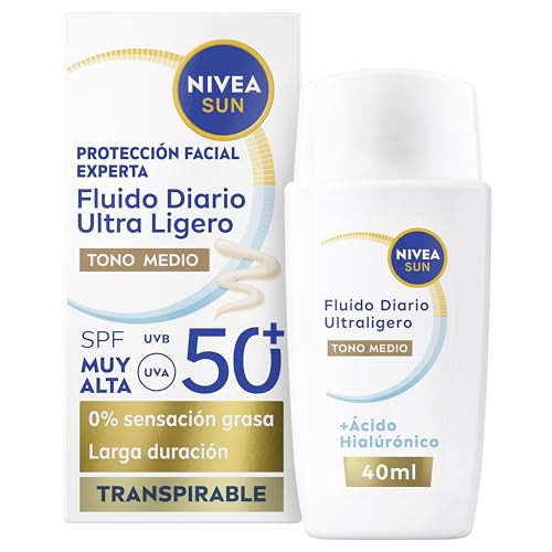 Fluido Diario con Color FPS 50+ 40 ml, protector solar facial con Ácido Hialurónico, Licocalcón A y Niacinamida, crema solar facial ultra ligera, protección solar con efecto mate, tono medio