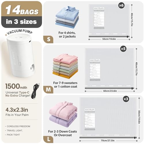 Vacuum Bags for Clothes, Vacuum Bags for Food, Clothes Vacuum Pouch with Pump, Space Saving 14 Pieces Set - Ideal for Travel