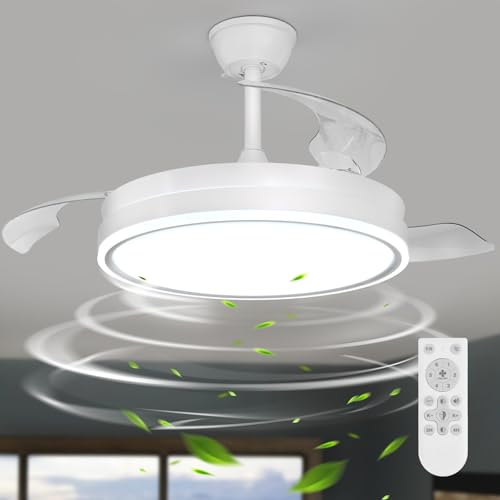 Dorlink Retractable Ceiling Fan 34 Inches with Lights, LED Remote Control with Continuous Dimerization, Modern Fan Lamp for Bedroom/Living Room/Kitchen, 3000K-6500K, 6 Speeds