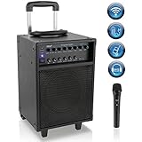 Wireless Portable PA Speaker System - 400W Bluetooth Compatible Rechargeable Battery Powered Outdoor Sound Stereo Speaker Microphone Set w/ Handle, Wheels - 1/4