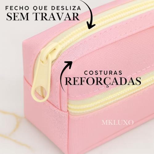 Estojo Escolar 2 Divisoria de Nylon Grande Transparente Organizador Material Lápis Caneta Borracha Papelaria Fofa Compartimento Fecho Metalico Volta as Aulas Box Necessaire Menino Menina (Rosa)
