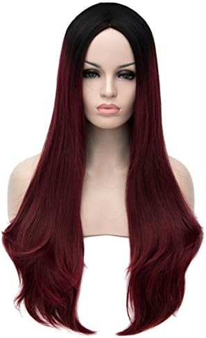 Modotop Female Gradient Red Long Straight Hair Natural Realistic Bangs Wig for Women