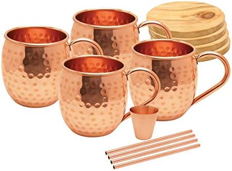 - Avador® Set of 4 Handcrafted 100% Pure Copper Moscow Mule Mugs with Shot Glass, Straws and Wooden Coasters Hammered Finish 16 Oz. Elegant Modern Set for Special Occasions | Gifting | Wedding Favors