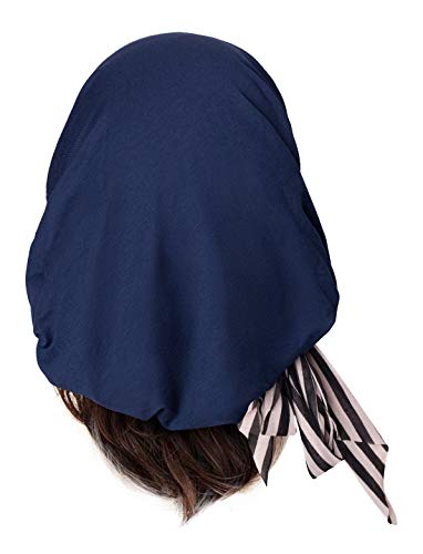 Soft Pre-tied Navy Blue Head-scarf Snood with Black & White Stripe Wrap - 093