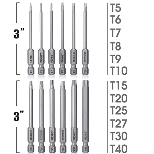 REXBETI Torx Head Screwdriver Bit Set, 1/4 Inch Hex Shank S2 Steel