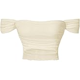 OYOANGLE Women's Off Shoulder Ruched Lettuce Trim Mesh Short Sleeve Tee Shirts Solid Slim Fit Crop Tops