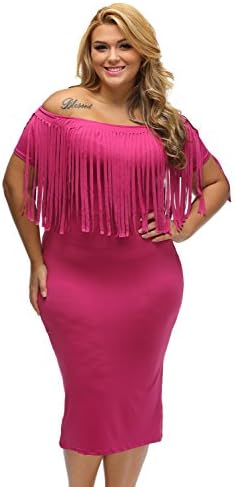 Angl Lee Women's Sexy Short Sleeve Fringe Top Plus Size Party Dress (xl(us14-16), rosy)