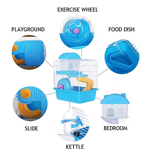 Misyue Mini Guinea Pig Cage Hamster Cage 2-levers Small Animal Habitats Portable Carrier Cage with Water Bottle&Wheels&Food Feeder for Small Animals (Blue) - Thumbnail 5