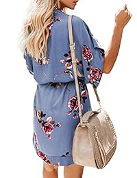 Elapsy - Vestido de verano sexy con cuello en V, estampado floral, Kimono Boho