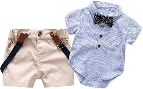Baby Boys Short Sleeve Gentleman Outfits Suits Infant Overalls Clothing Set Blue Shirt+Bib Pants+Tie