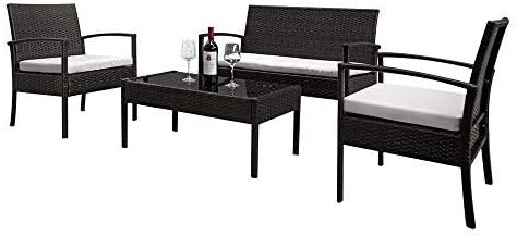 4 PCS Outdoor Patio Rattan Wicker Furniture Set,2pcs Arm Chairs 1pc Love Seat & Tempered Glass Coffee Table Rattan Sofa Set Brown Gradient