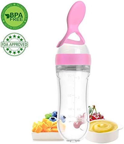 Lyonice Silicone Squeeze Bottle Spoon - Baby Feeding Cereal, Rice, Supplement with Dispensing Feeder, Food Dispensing Spoon, Infant Newborn Toddler Food Supplement Set- 90ml Pink