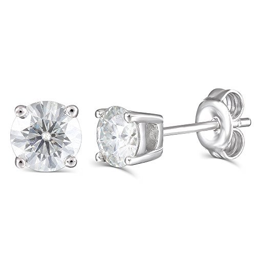 10K White Gold Post 1CTW 5MM Lab Grown Moissanite Stud Earrings Platinum Plated Silver Push Back for Women