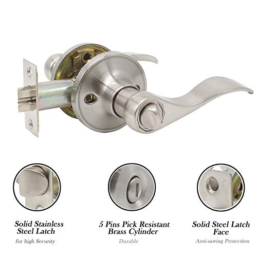 Interior Doors Wave Style Privacy Door Levers with Conteporary Satin Nickel Finish, Reversible for Right or Left Handed Doors, Keyless Drop Door Lockset for Bedroom Bathroom-3Pack
