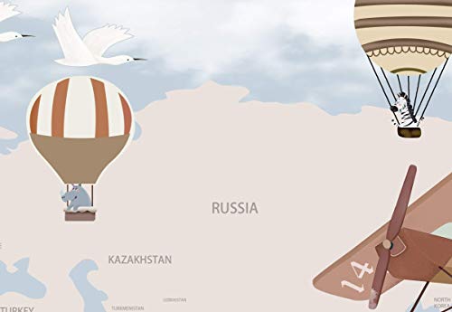 Map with Airplane Nursery Wallpaper Educational geography Wallpaper for Kids room Balloons Wall Mural for Baby Bedroom Slef-adhesive Fabric Wall Decal Removable