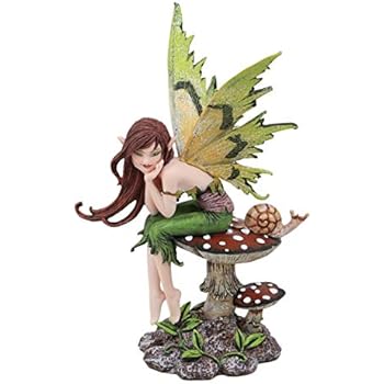 Ebros Amy Brown Forest Willow Thinking of You Fairy Sitting On Wild Giant Toadstool Mushroom with Snail Statue 6.5