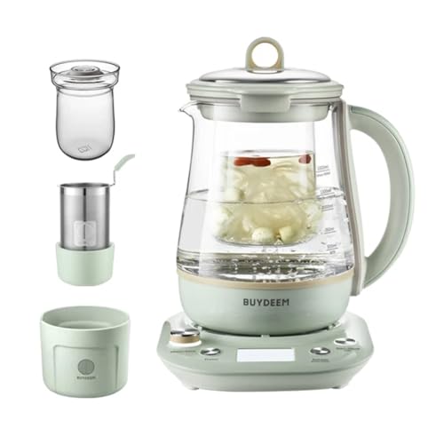 BUYDEEM K2763 Health-Care Beverage Tea Maker and Kettle with Glass Stew Pot & Tea Infuser, 8 Programmable Brew Cooker Master, Time and Reheat Preset, Auto Keep Warm, Cozy Greenish, 1.5 L