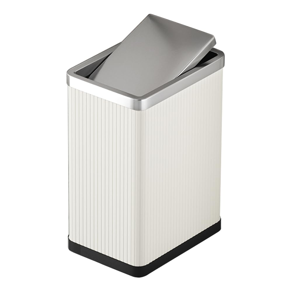Photo 1 of LEASYLIFE10L/2.6GAL Metal Trash Can with Swing Lid, Rectangular Bathroom Garbage Can, Modern Narrow Trash Can for Bathrooms, Bedrooms, Offices, Laundry Rooms (White Stripe)