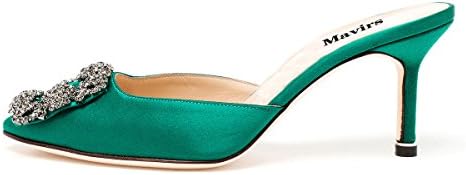 Mavirs Women's Satin Pointy Toe Slide Sandals Rhinestones Kitten Heels Pumps Jeweled Slingback Heeled Mules Shoes 7 M US