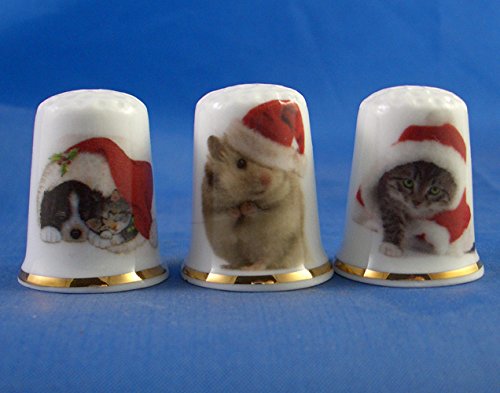 Porcelain China Collectable - Set of Three Thimbles - Christmas Pets