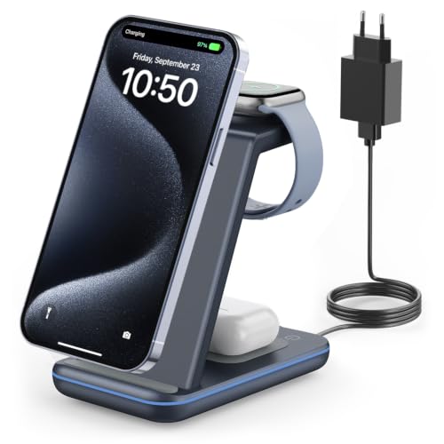 GGEEKERA Wireless Charger, 3 in 1 Induktive Ladestation für iPhone Air/17/16/15/14/13/12/11/Pro Max, Ladestation für Apple Watch Ultra 3-1/11-2/SE, Ka